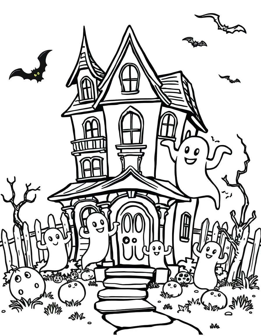 A haunted house with smiling ghosts