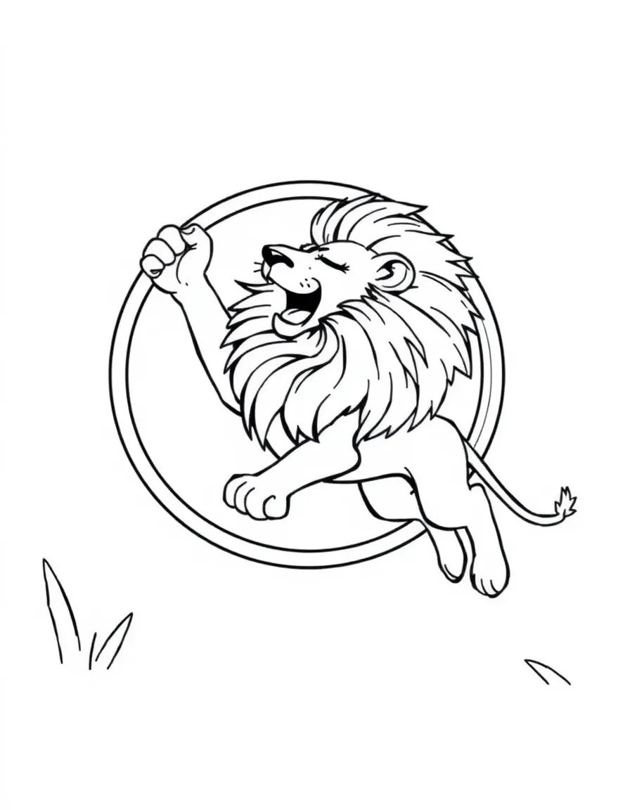 A lion jumping through a hoop