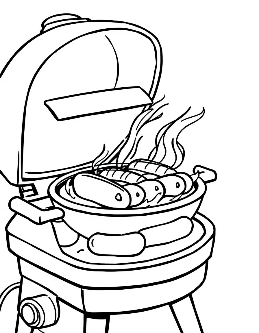 A grill with hot dogs cooking