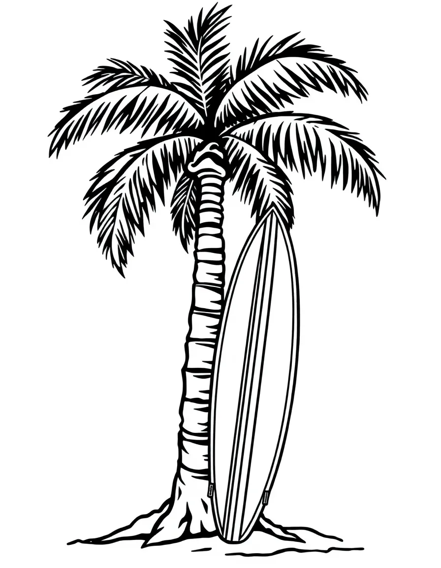 A surfboard leaning against a palm tree