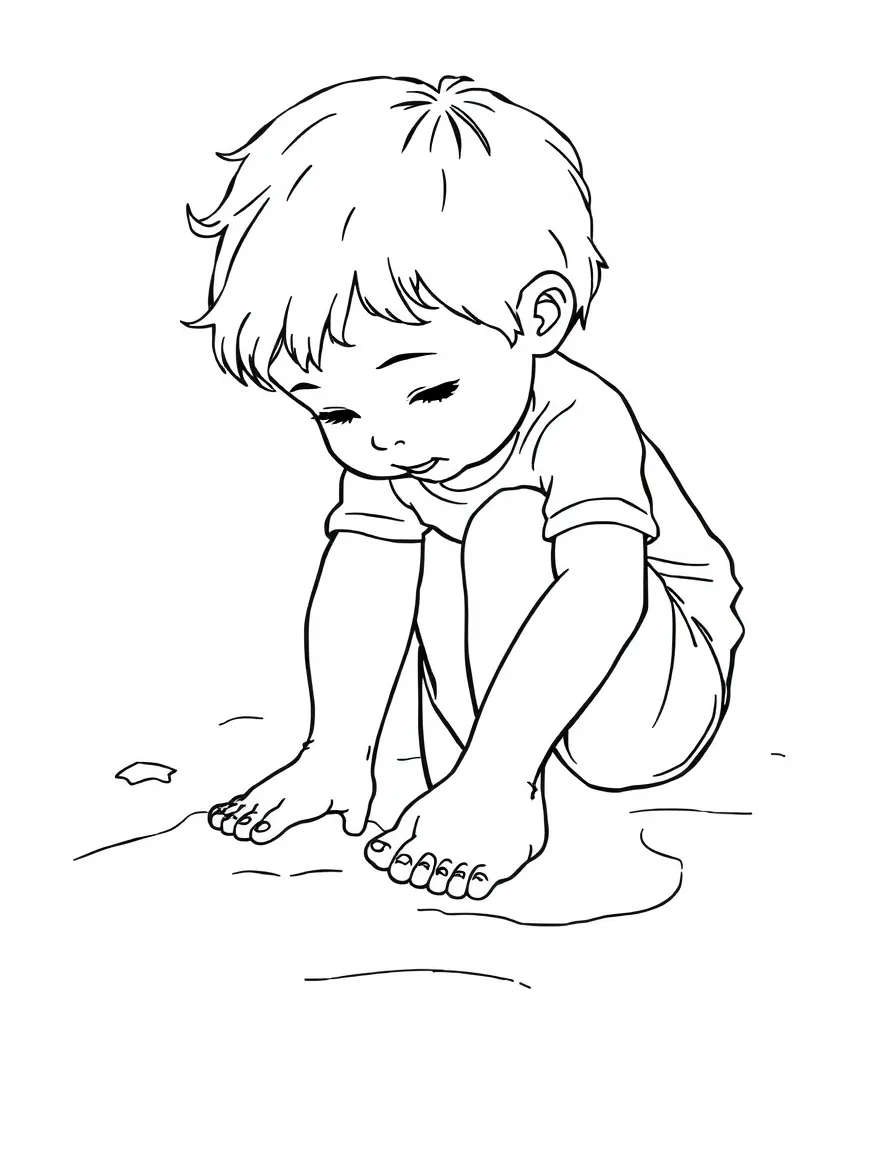 A child burying their feet in the sand