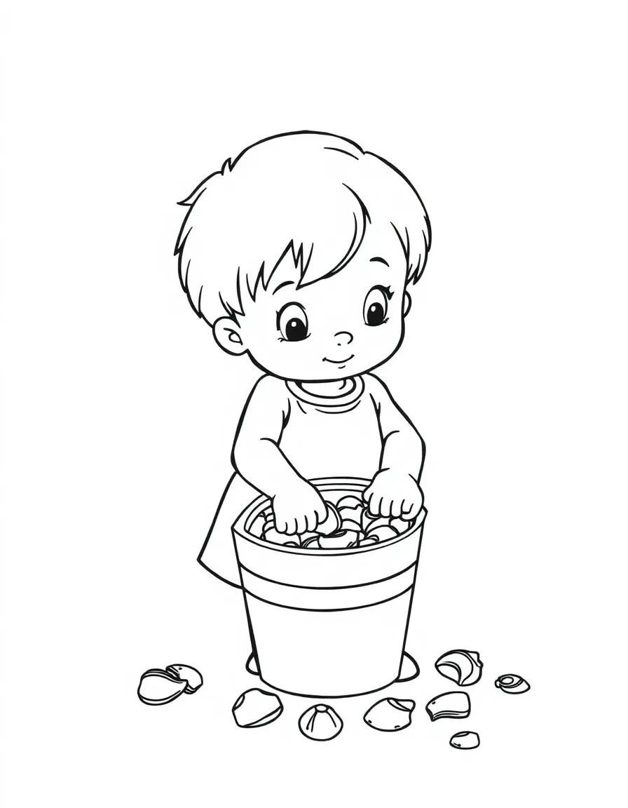 A child collecting shells in a bucket