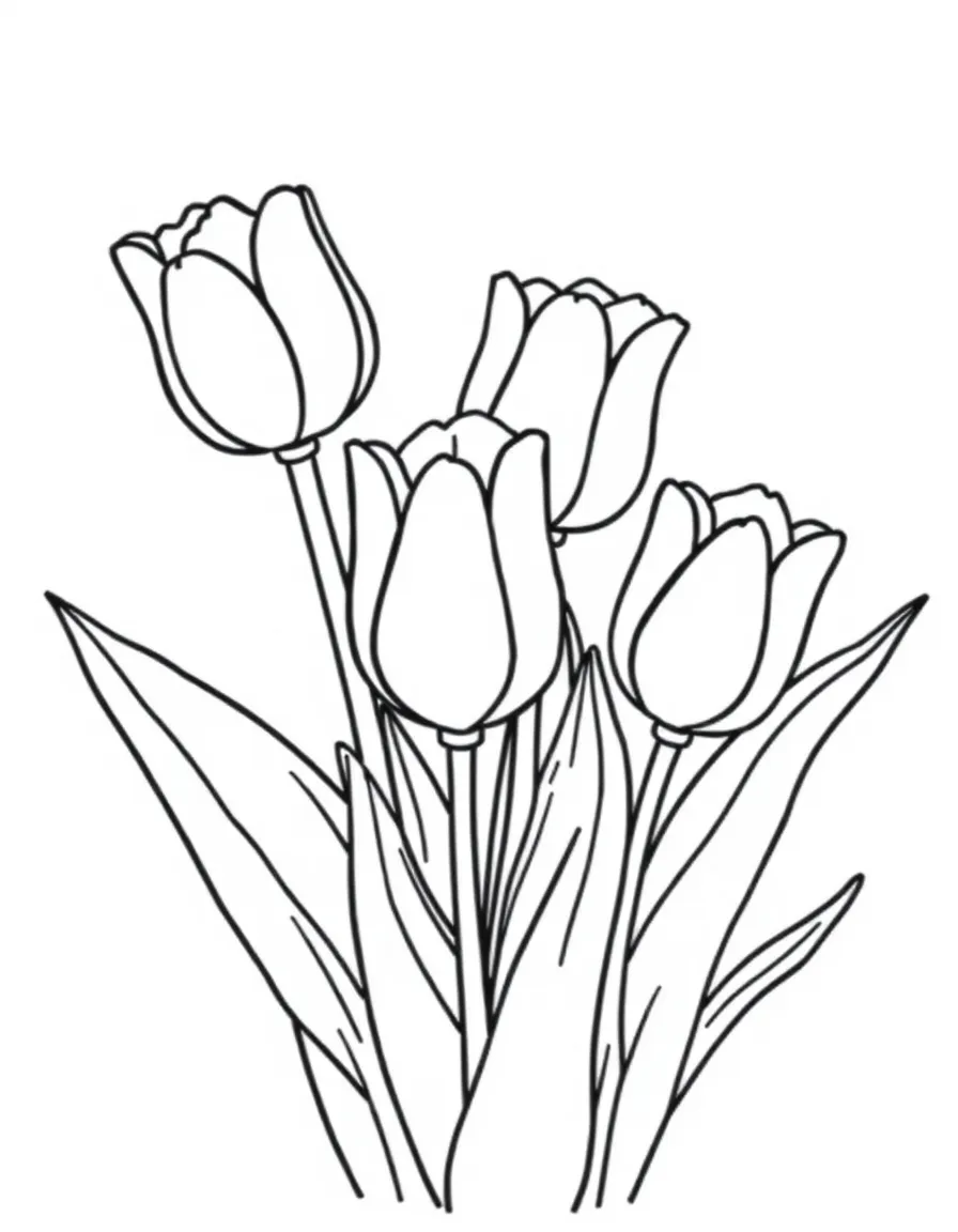 A garden with three tulips in different colors, each with big leaves