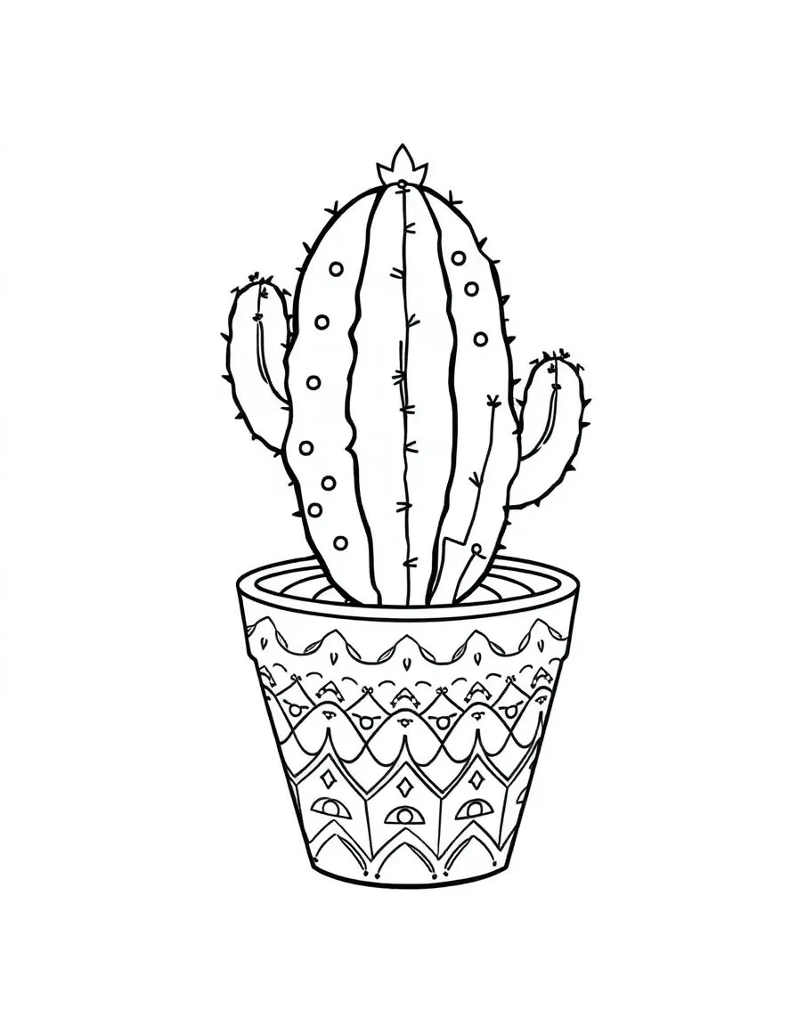 A cute cactus in a patterned flowerpot
