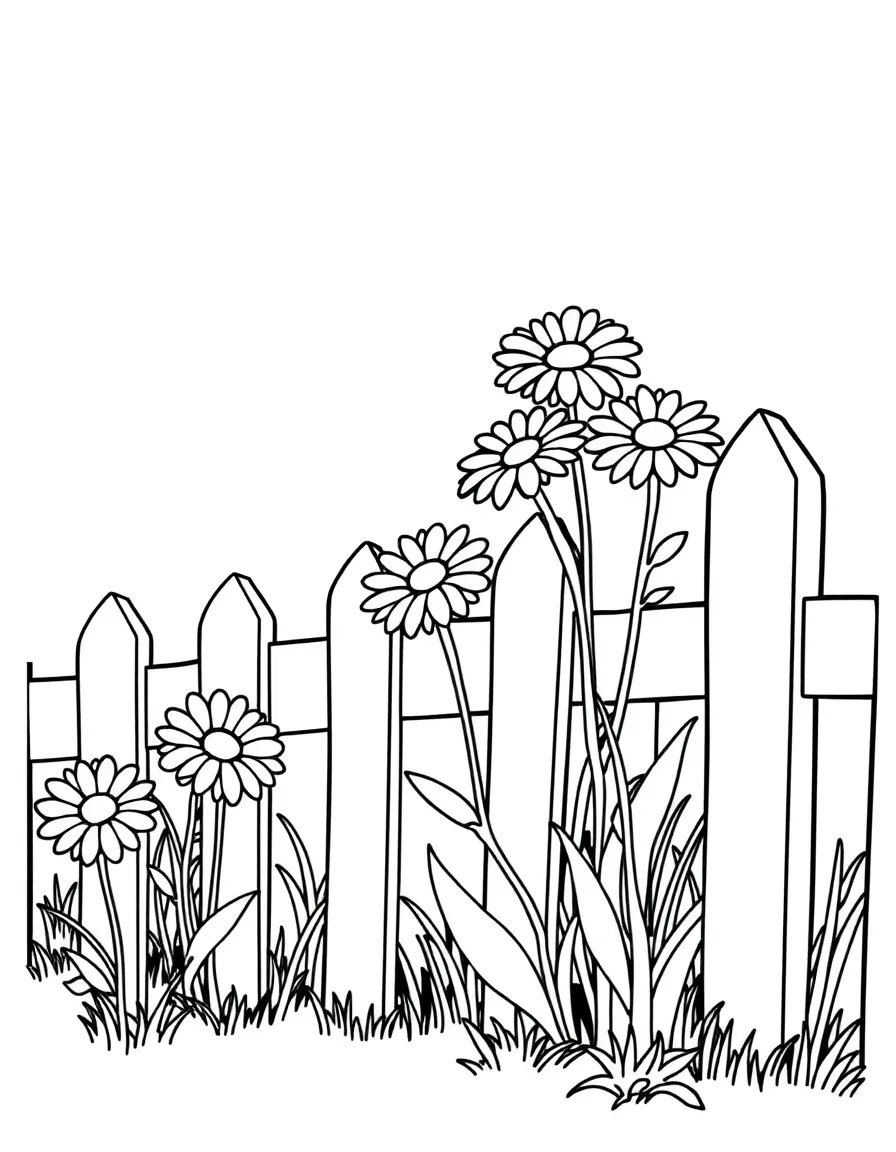 A row of daisies growing along a white picket fence