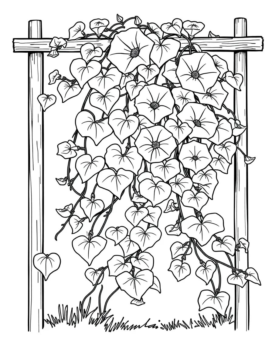 A vine of morning glories climbing a trellis