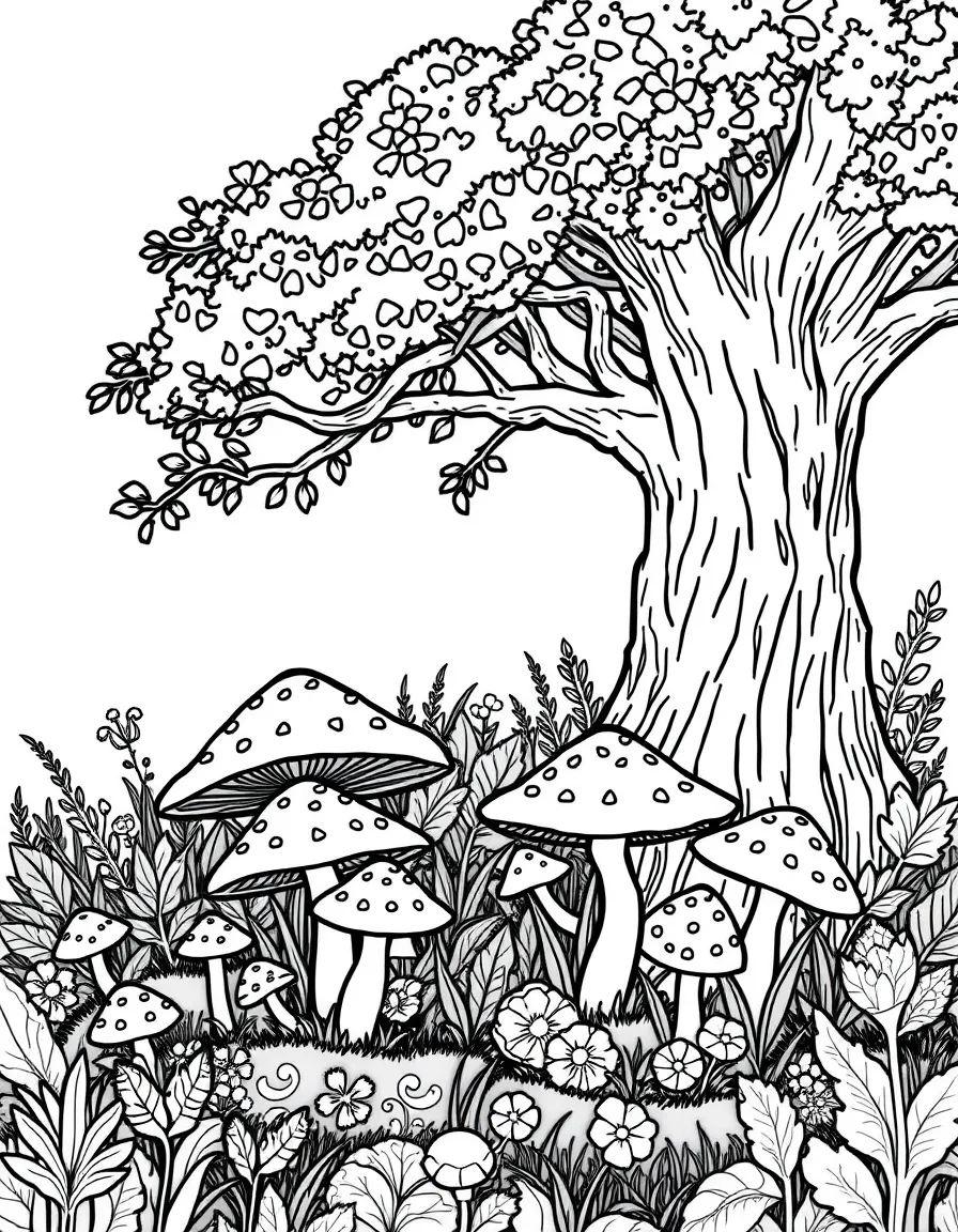 A mushroom patch under a tree
