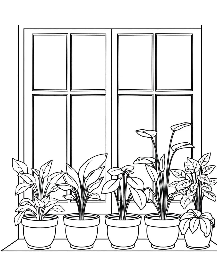 A row of potted houseplants on a windowsill