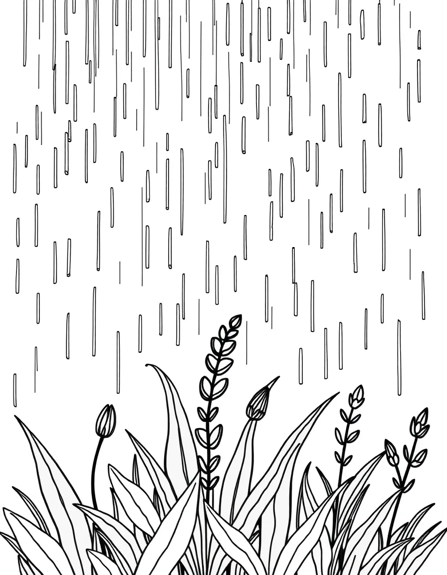 A scene of rain falling on a group of plants