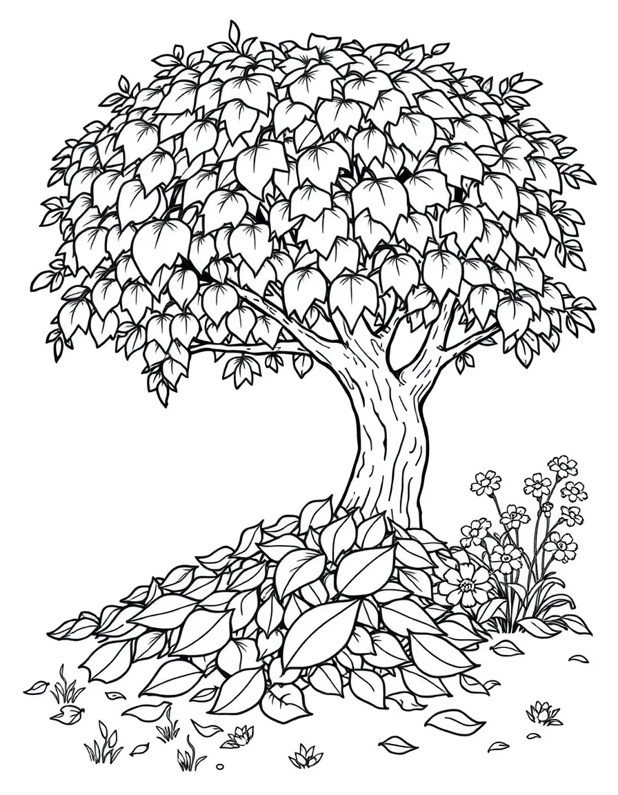 A leaf pile under a tree with flowers nearby