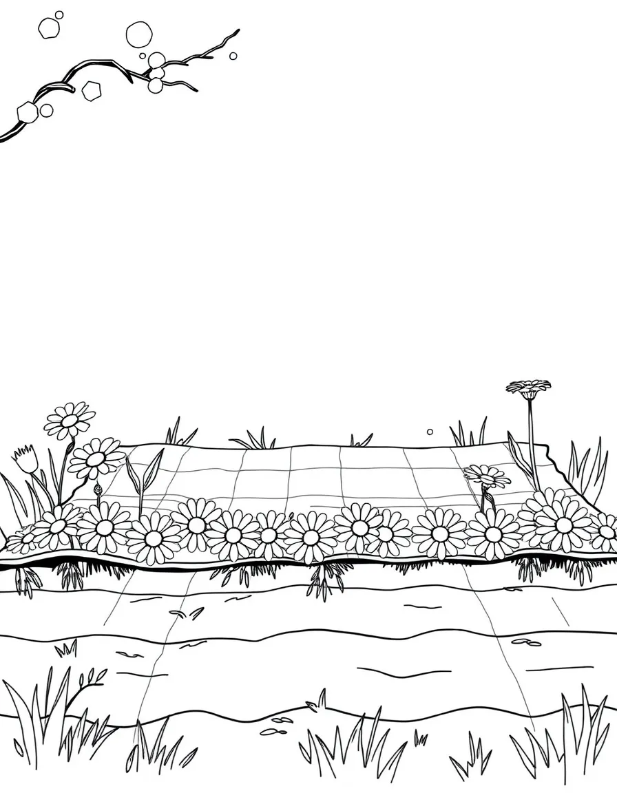 A daisy chain stretched across a picnic blanket