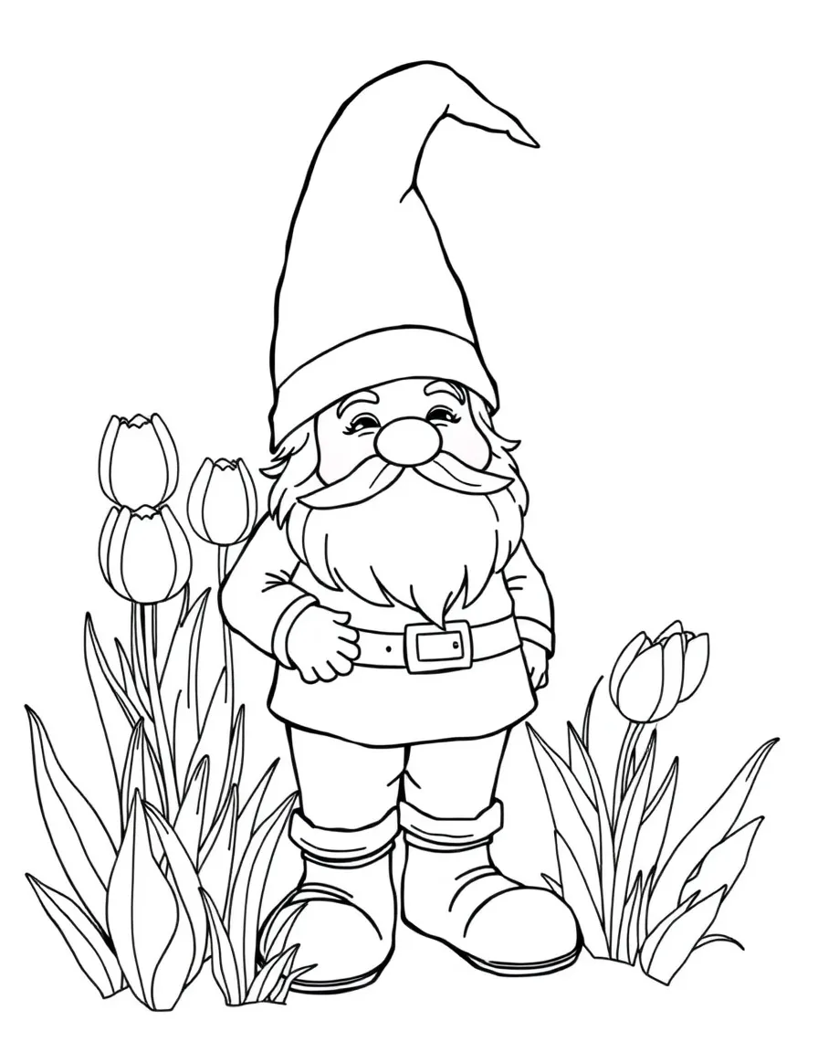 A garden gnome standing beside a tulip patch