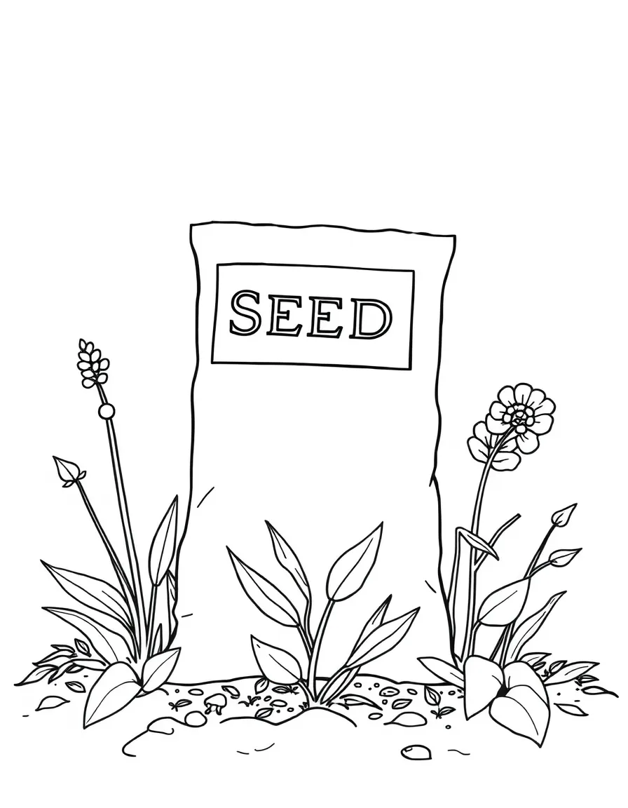 A seed packet with plants growing around it