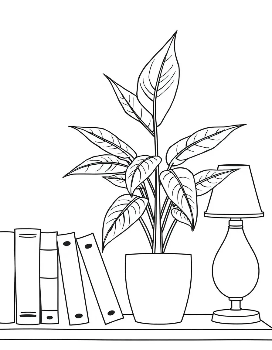 A plant on a bookshelf next to a lamp