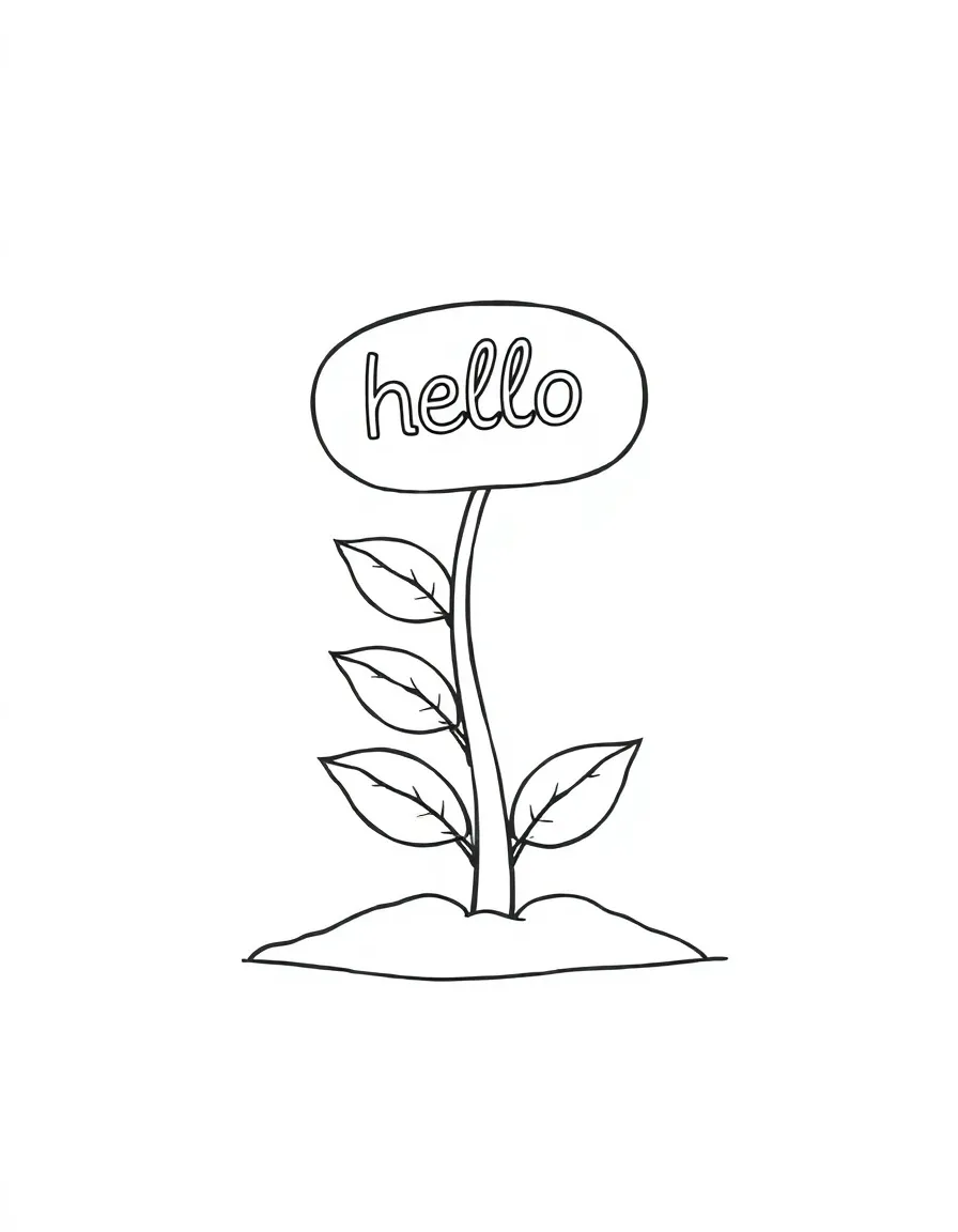A tiny sprout saying 'hello' with a speech bubble