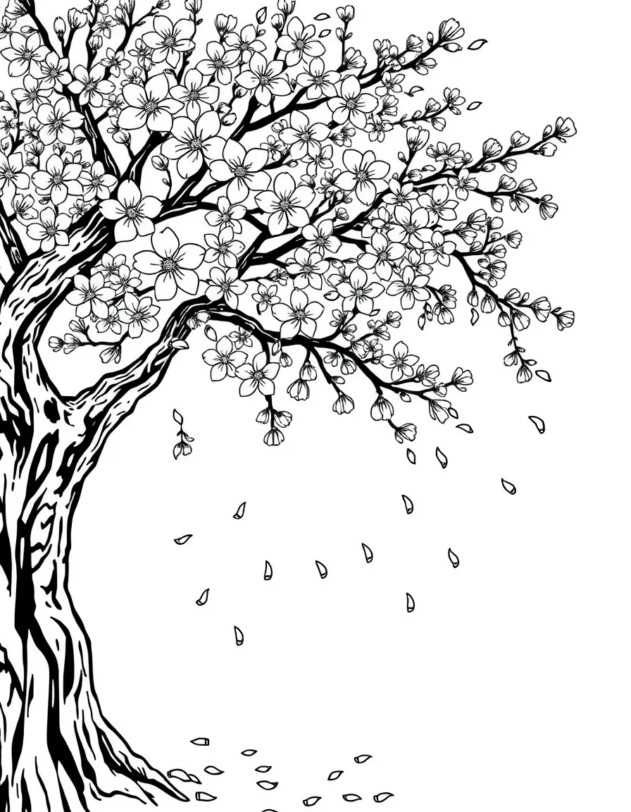 A cherry blossom tree with falling petals under a rainbow