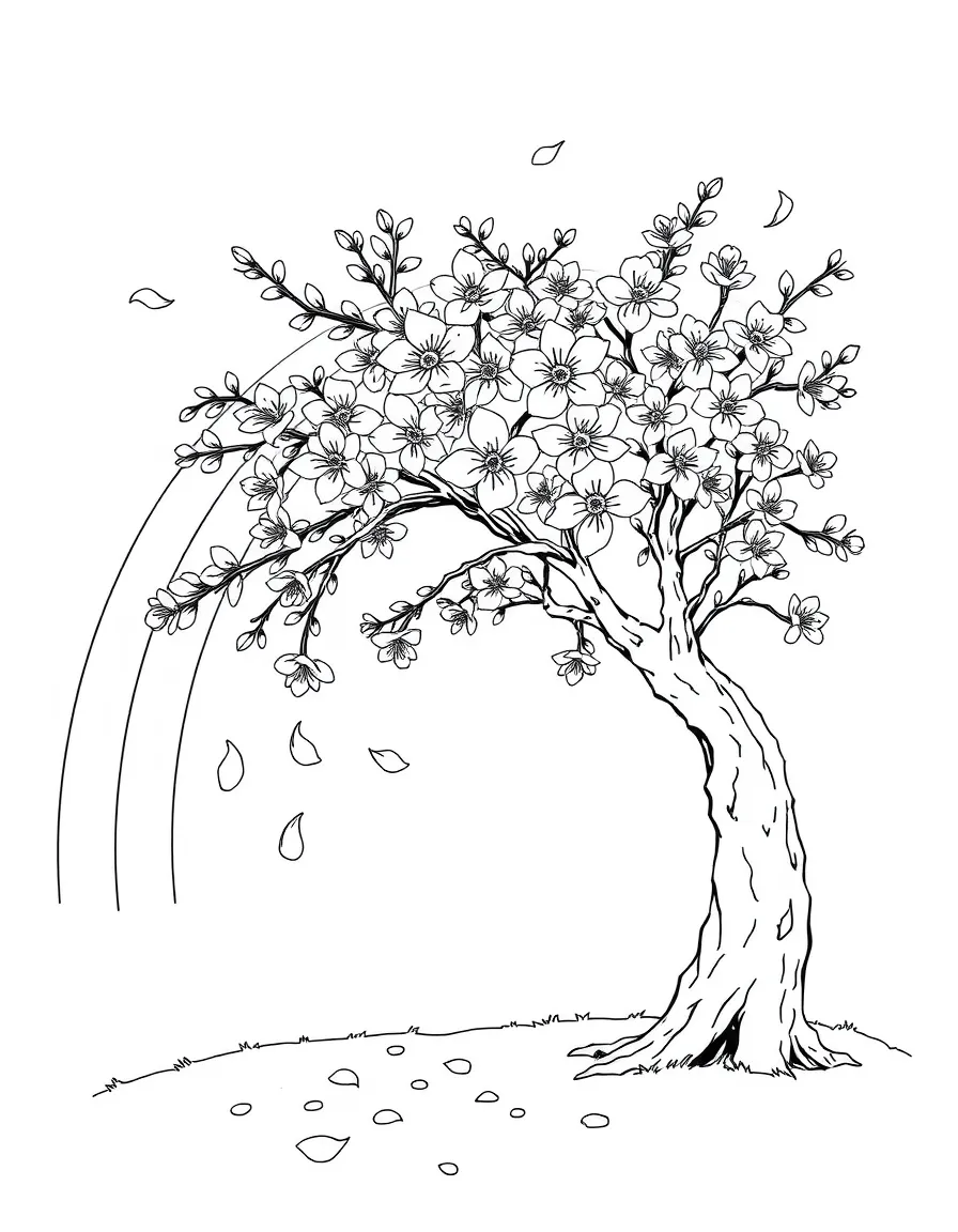 A cherry blossom tree with falling petals under a rainbow under a rainbow