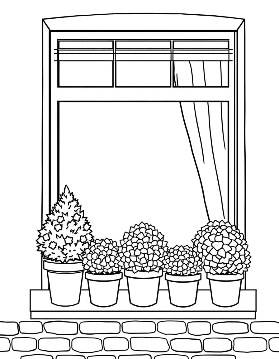 A row of potted houseshrubs on a windowsill