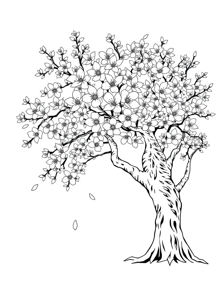 A cherry blossom tree with falling petals under a rainbow under a rainbow under a rainbow