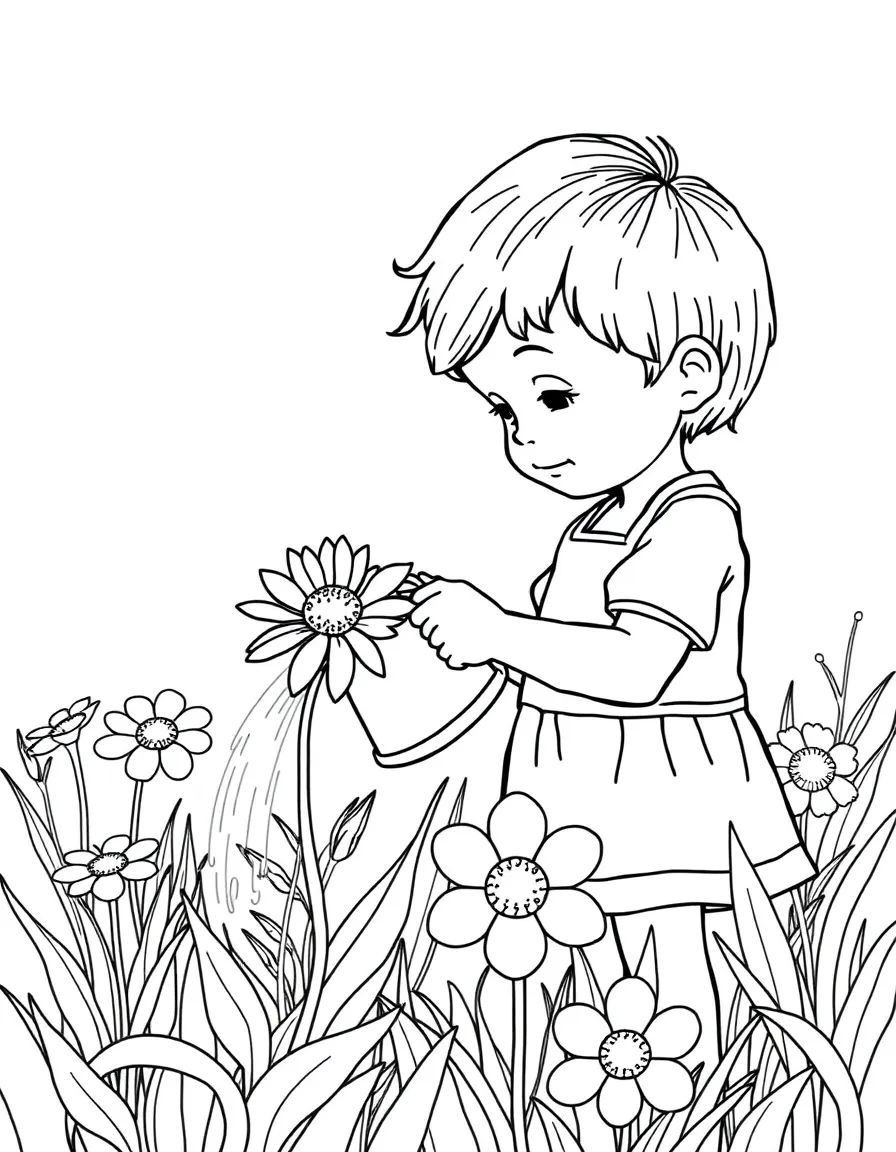 A child watering a sunblossom in the meadow