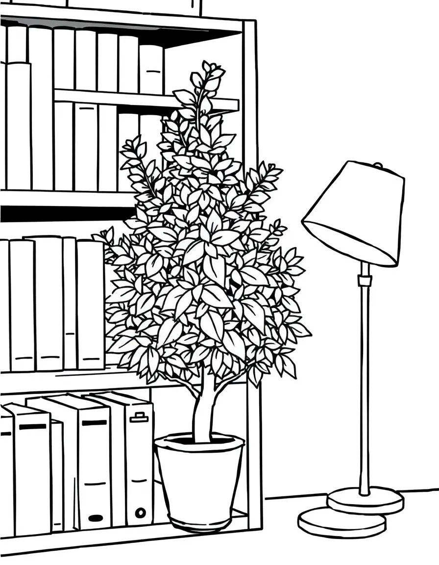 A shrub on a bookshelf next to a lamp