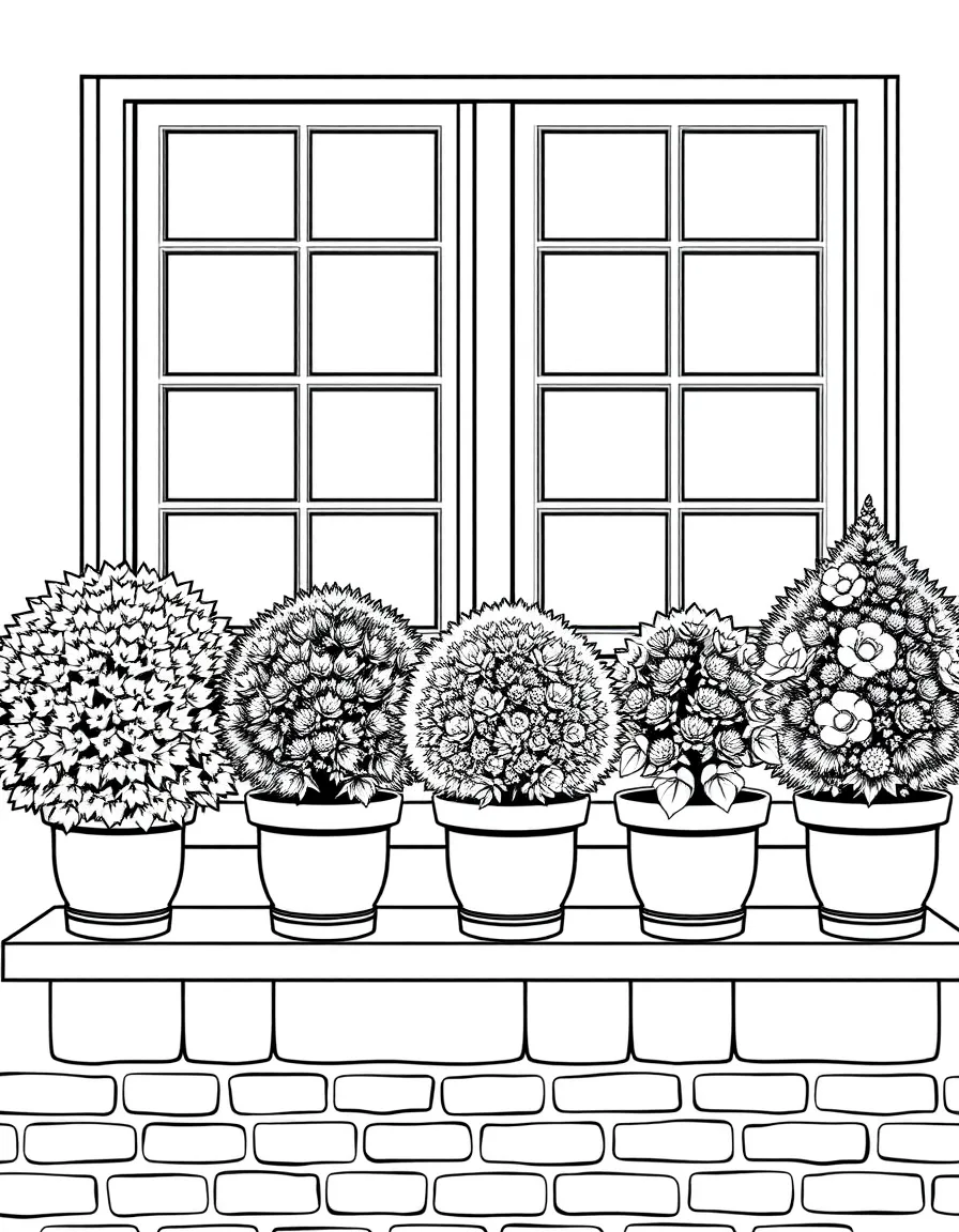 A row of potted houseshrubs on a windowsill
