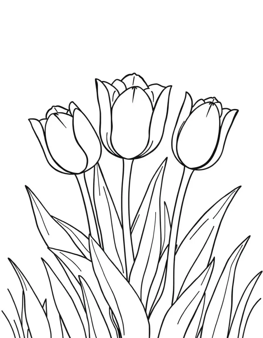 A meadow with three tulips in different colors, each with big leaves