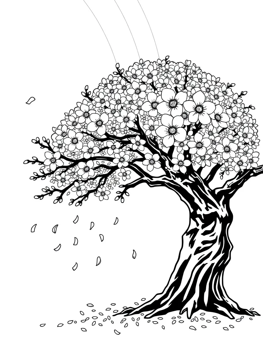 A cherry blossom tree with falling petals under a rainbow