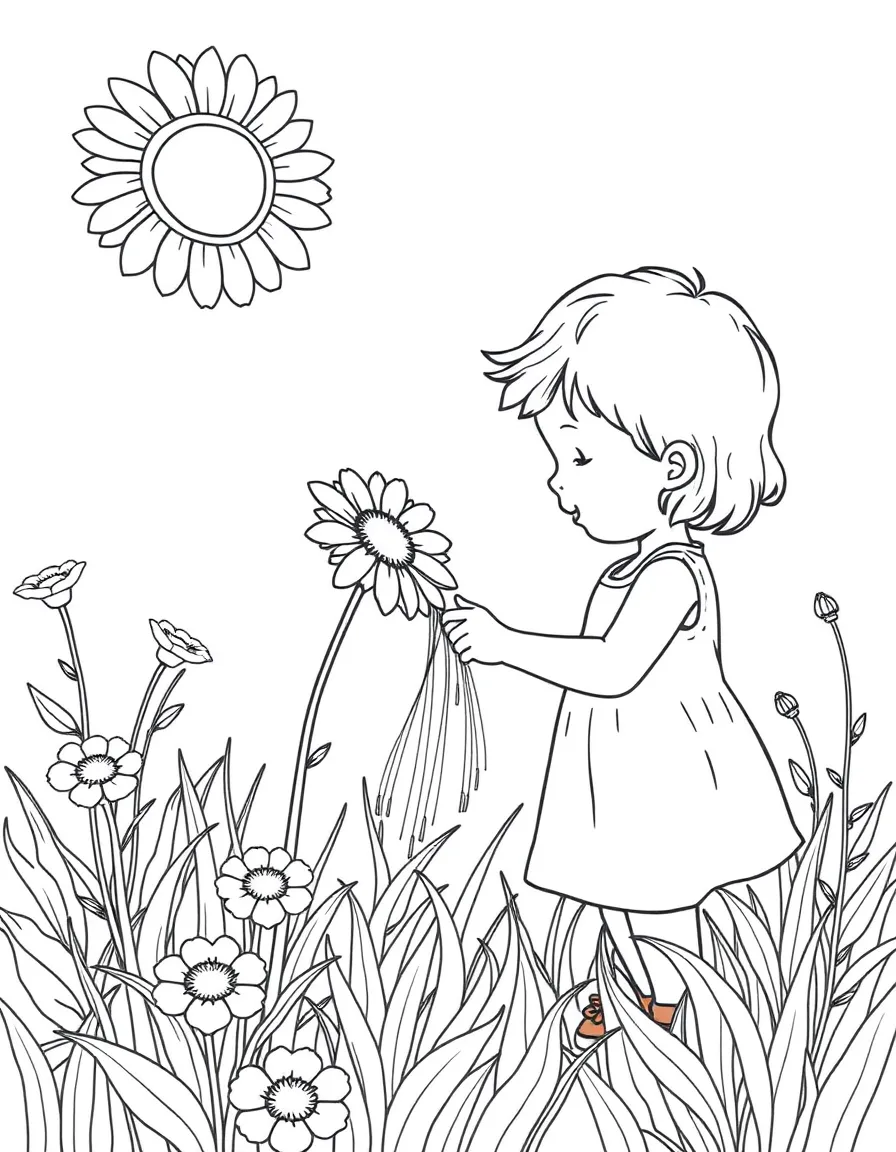 A child watering a sunblossom in the meadow