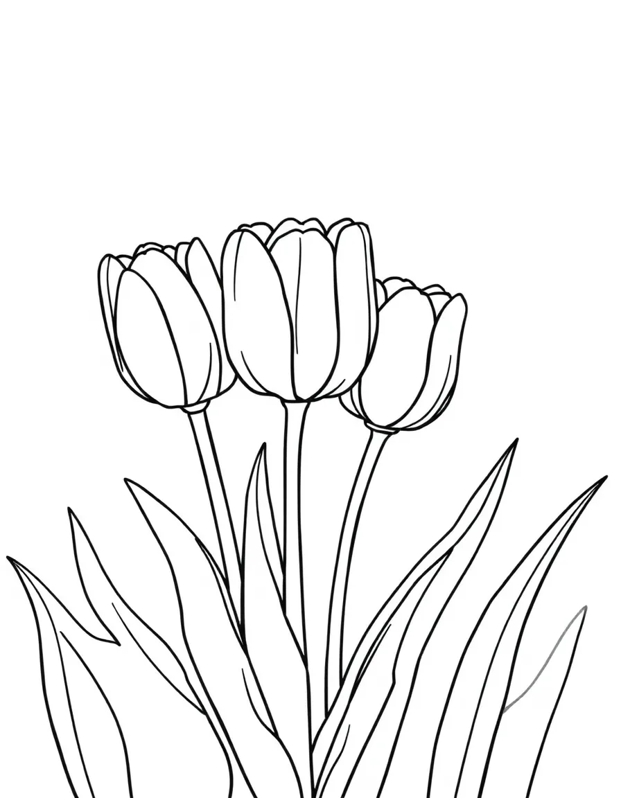 A meadow with three tulips in different colors, each with big leaves