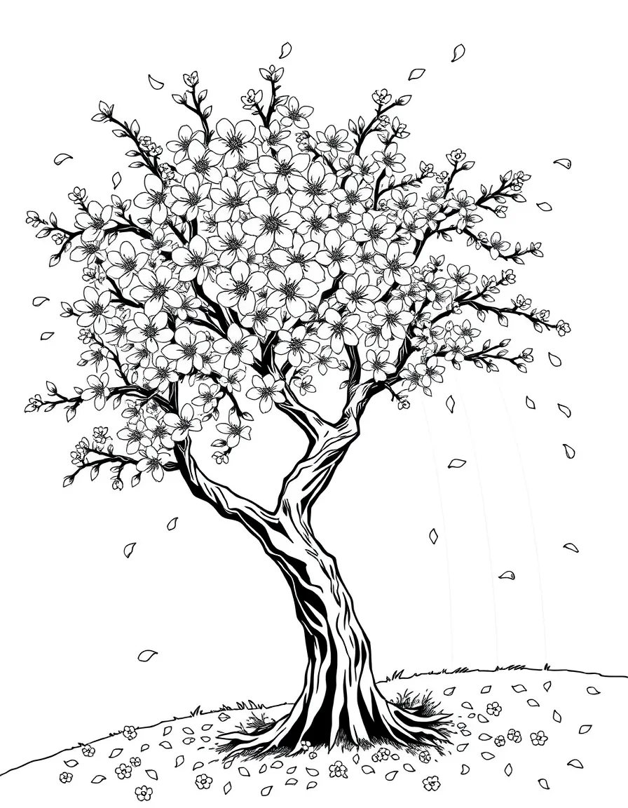 A cherry blossom tree with falling petals under a rainbow