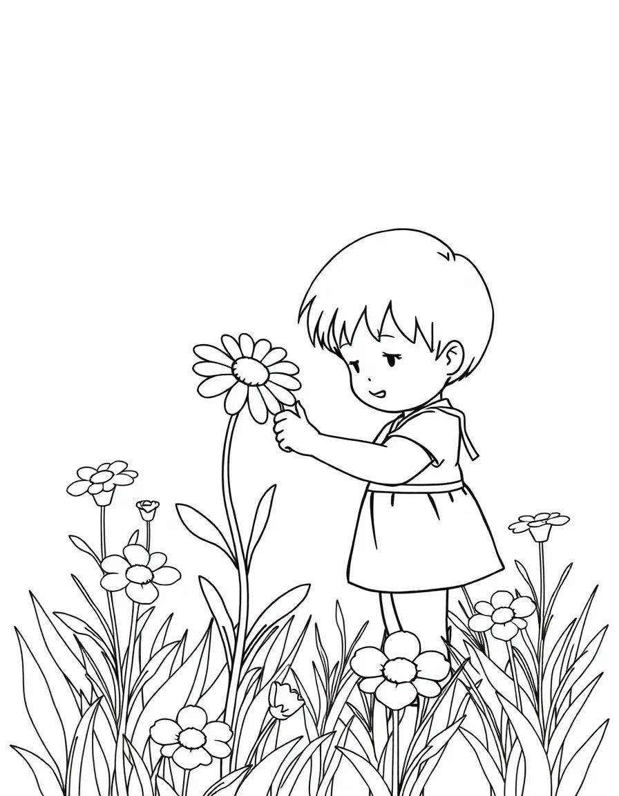 A child watering a sunblossom in the meadow