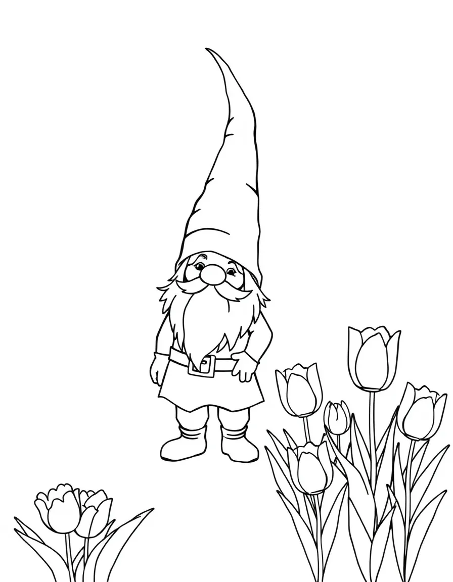 A meadow gnome standing beside a tulip patch