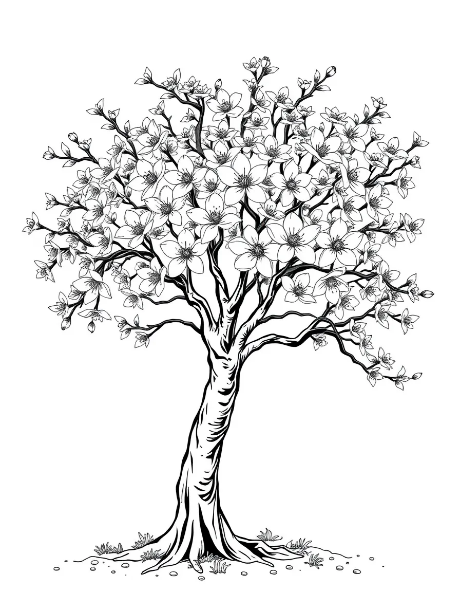 A tree with blossoms blooming on every branch