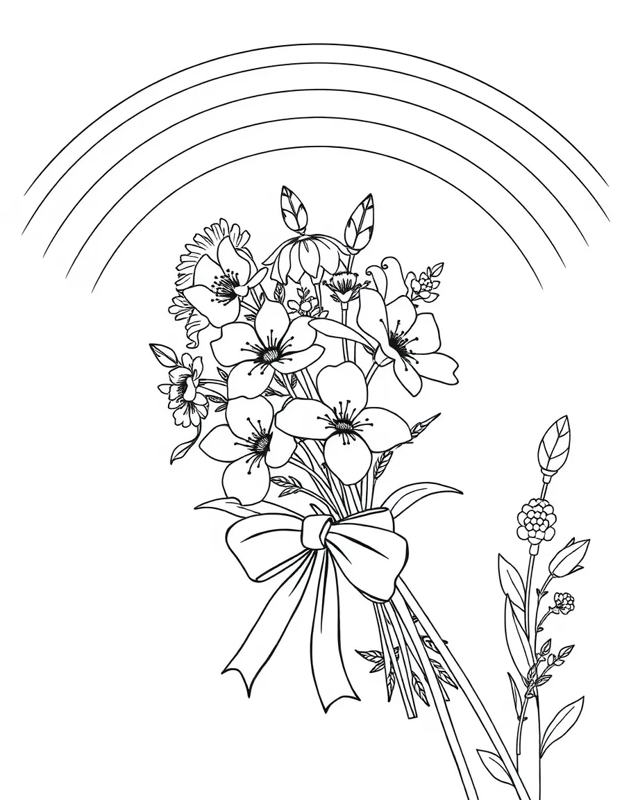A bunch of wildblossoms tied with a bow under a rainbow