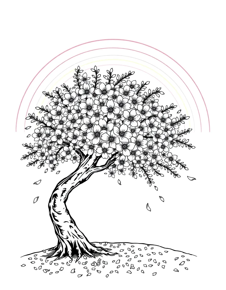 A cherry blossom tree with falling petals under a rainbow under a rainbow under a rainbow