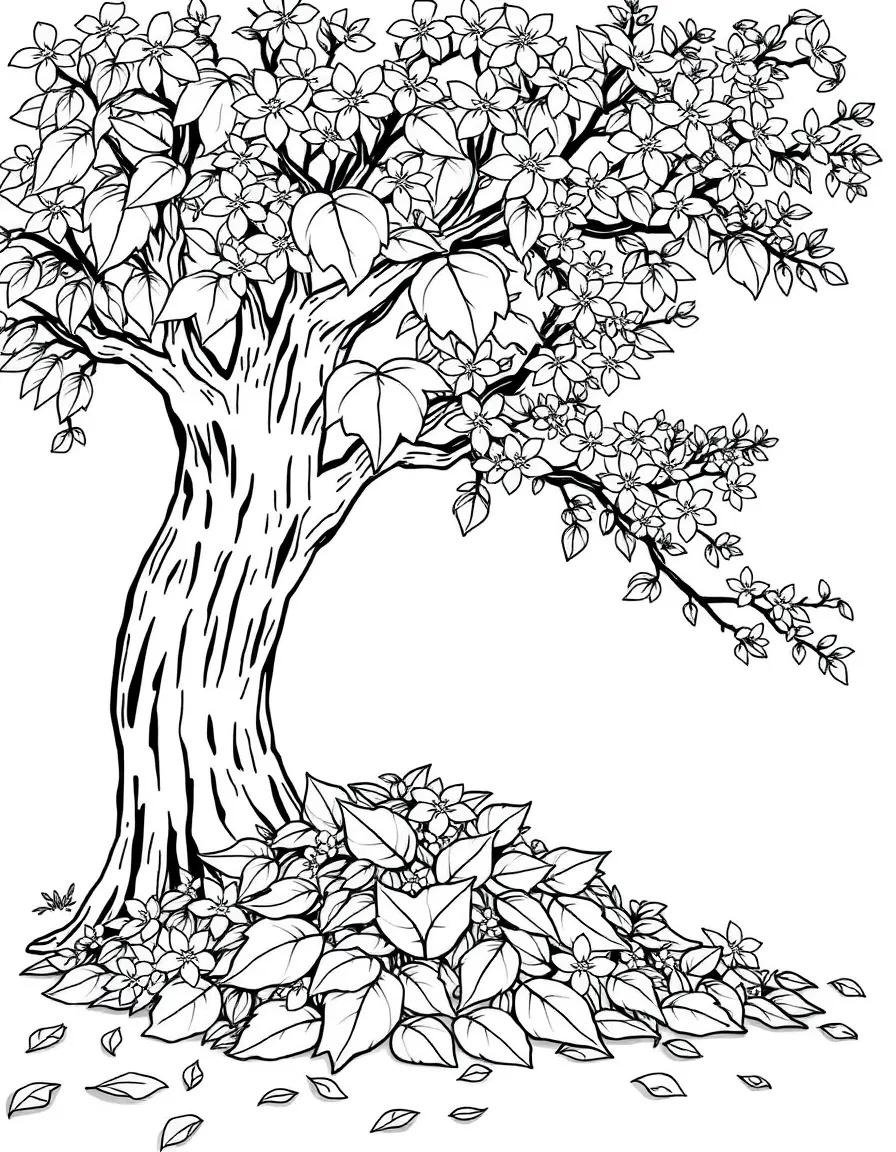 A leaf pile under a tree with blossoms nearby