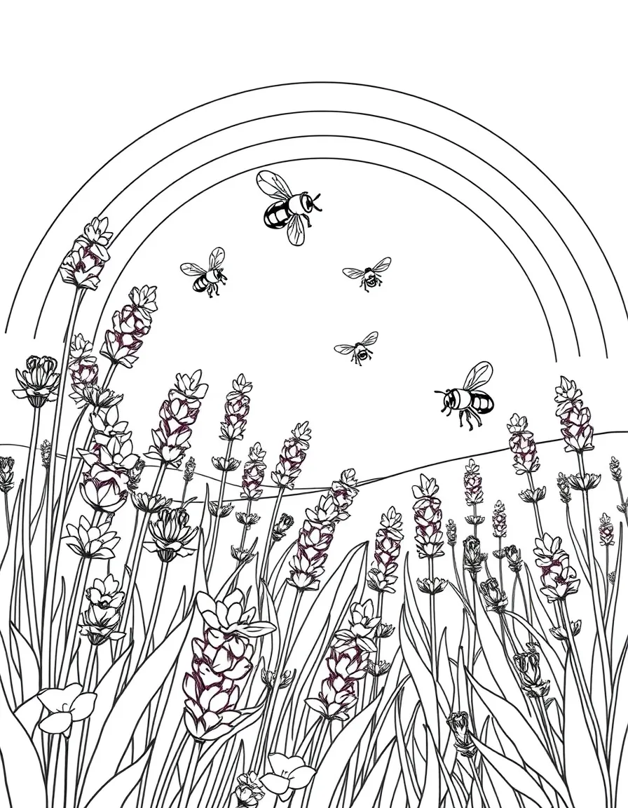 A field of lavender with bees flying above under a rainbow