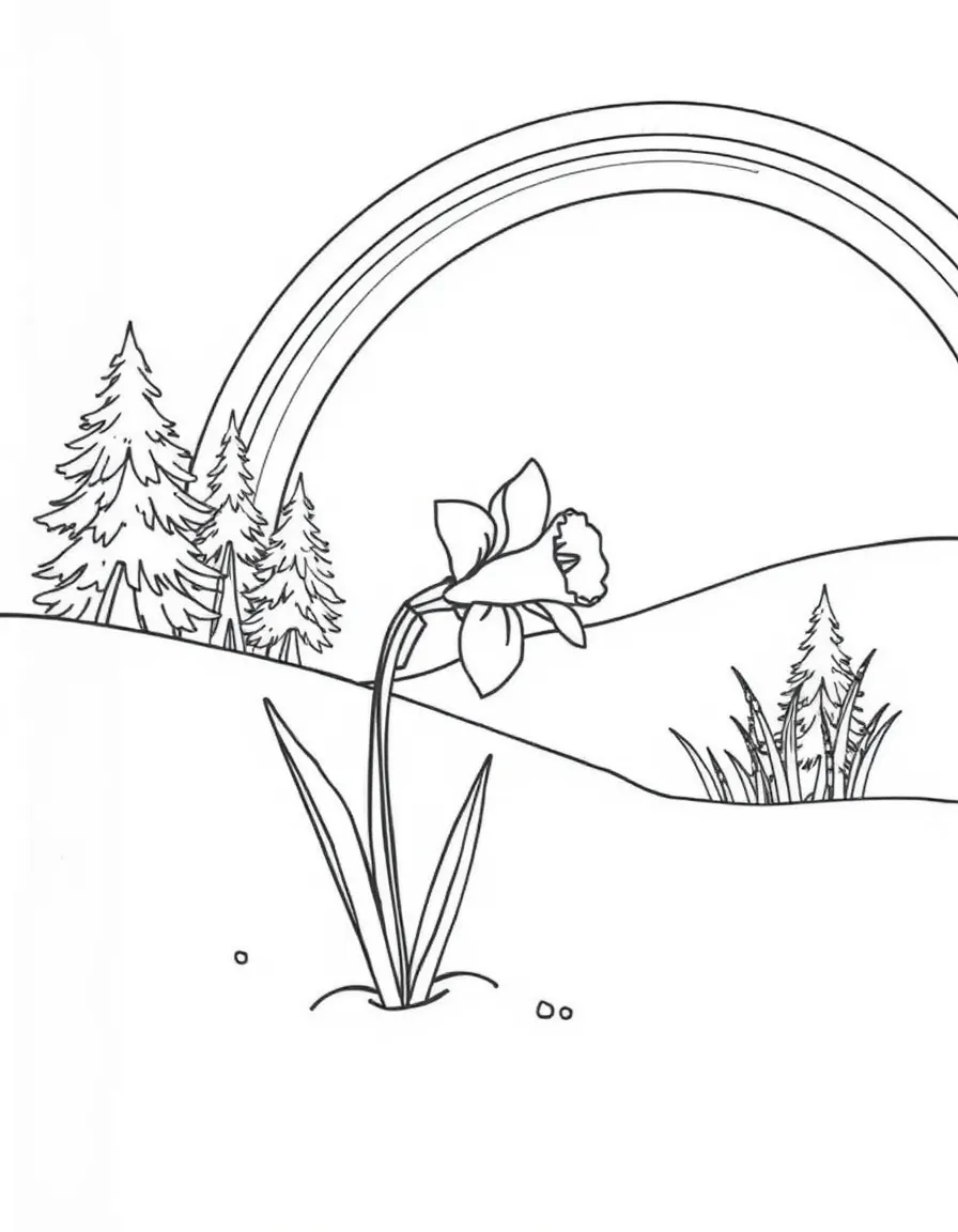 A daffodil poking out from the snow under a rainbow