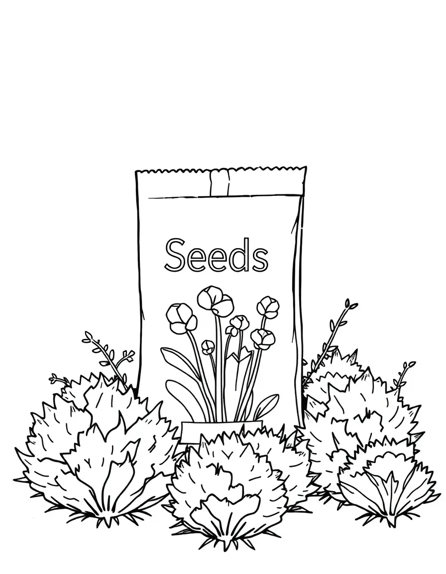 A seed packet with shrubs growing around it
