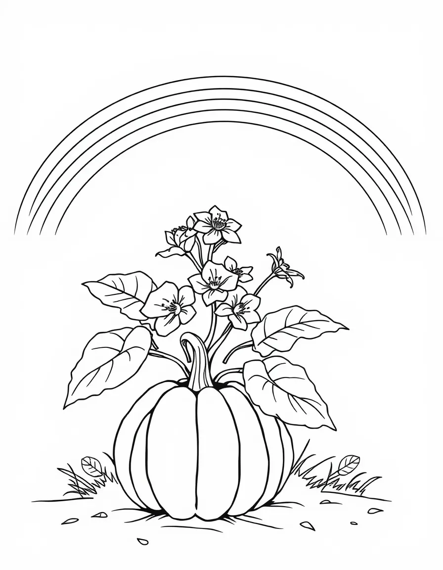A pumpkin shrub with big leaves and blossoms under a rainbow under a rainbow under a rainbow