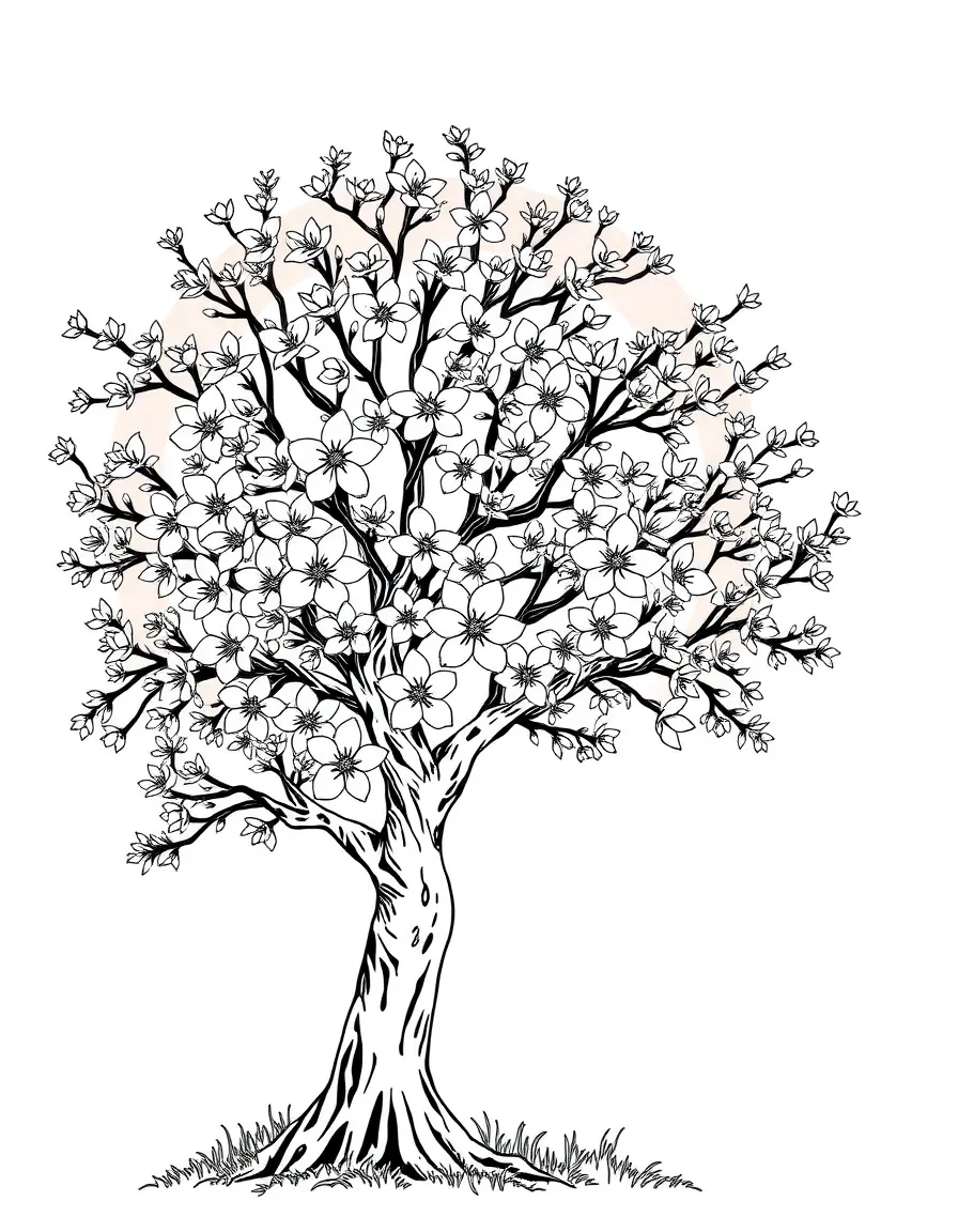 A tree with blossoms blooming on every branch under a rainbow