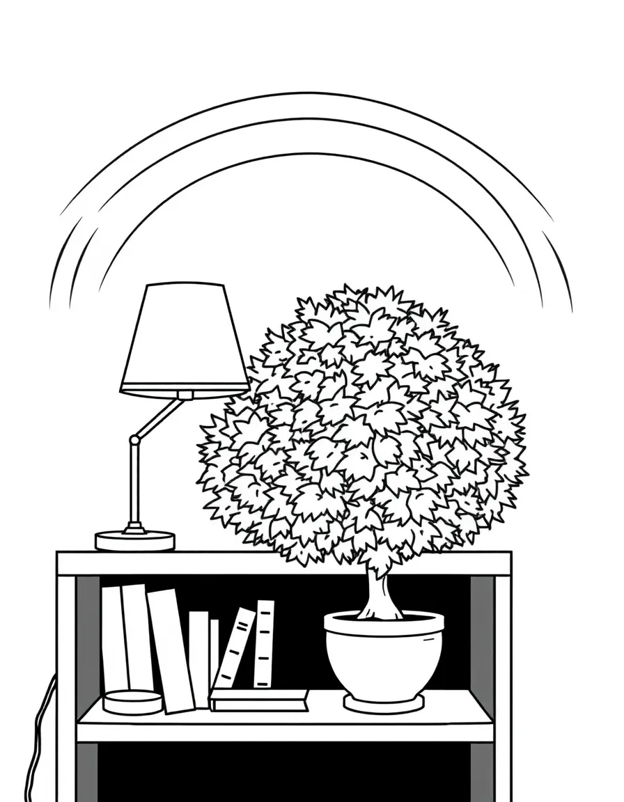 A shrub on a bookshelf next to a lamp under a rainbow