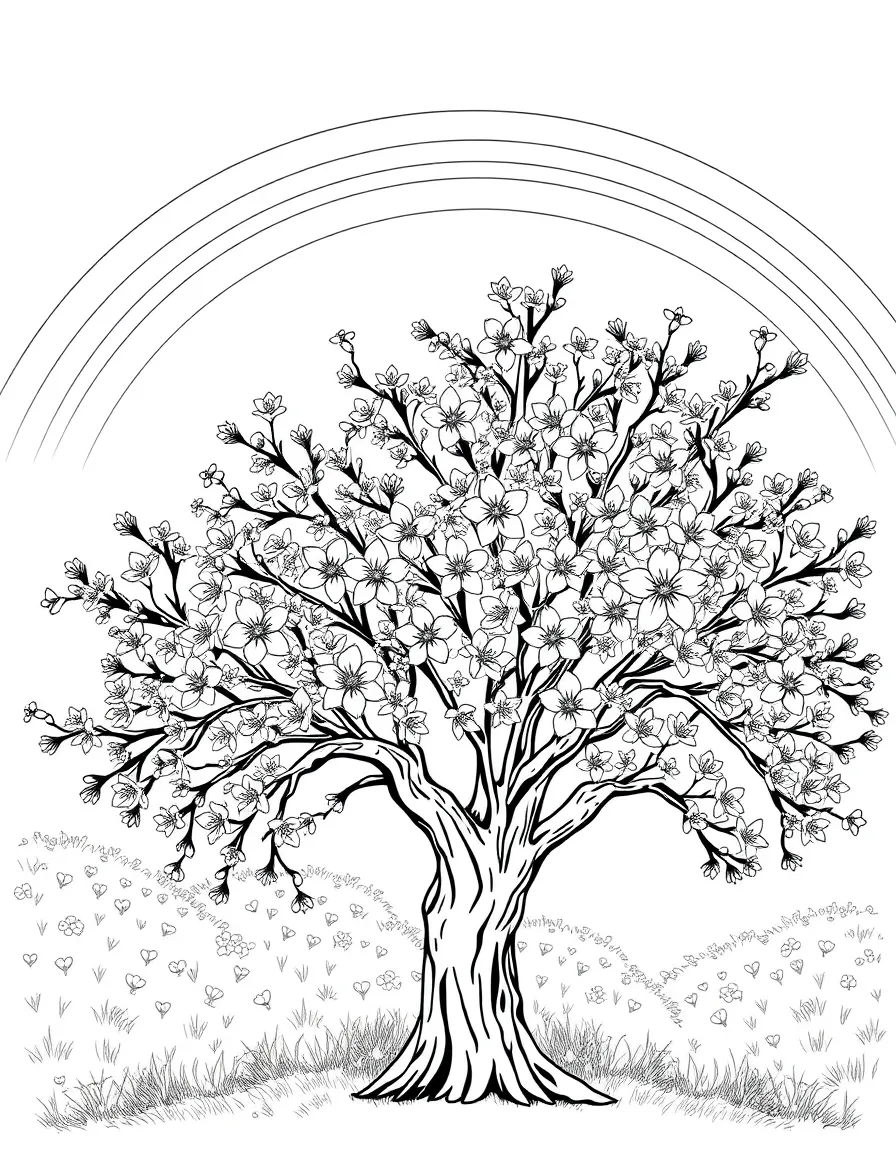 A tree with blossoms blooming on every branch under a rainbow
