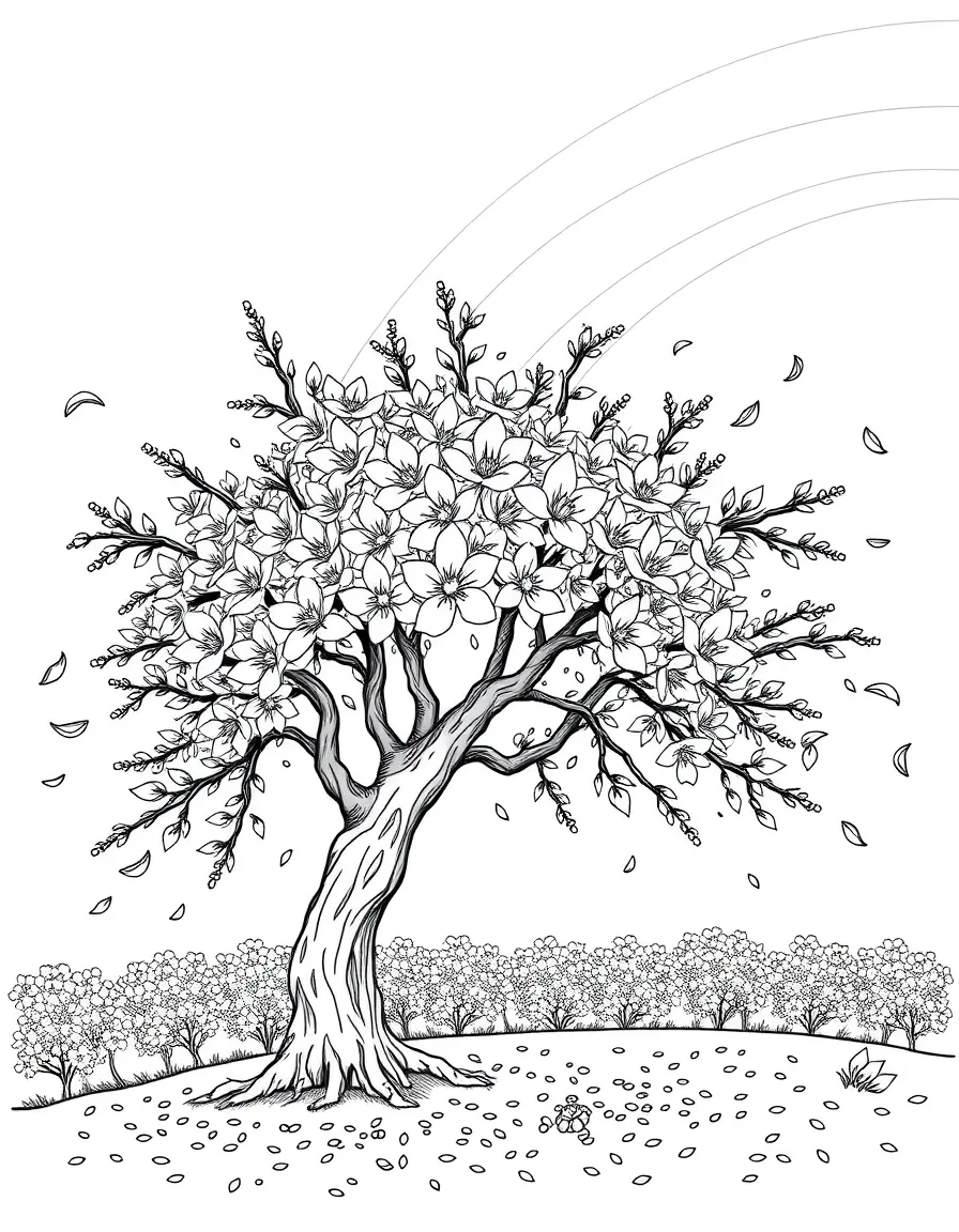 A cherry blossom tree with falling petals under a rainbow under a rainbow under a rainbow