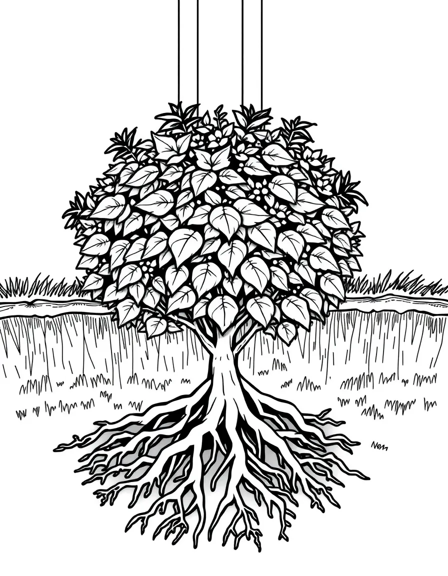 A shrub with roots visible underground under a rainbow