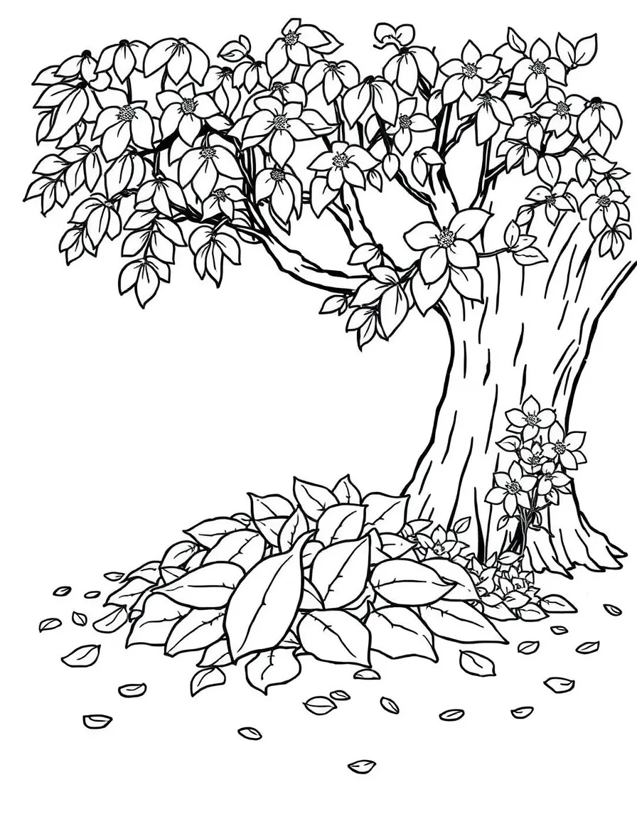A leaf pile under a tree with blossoms nearby