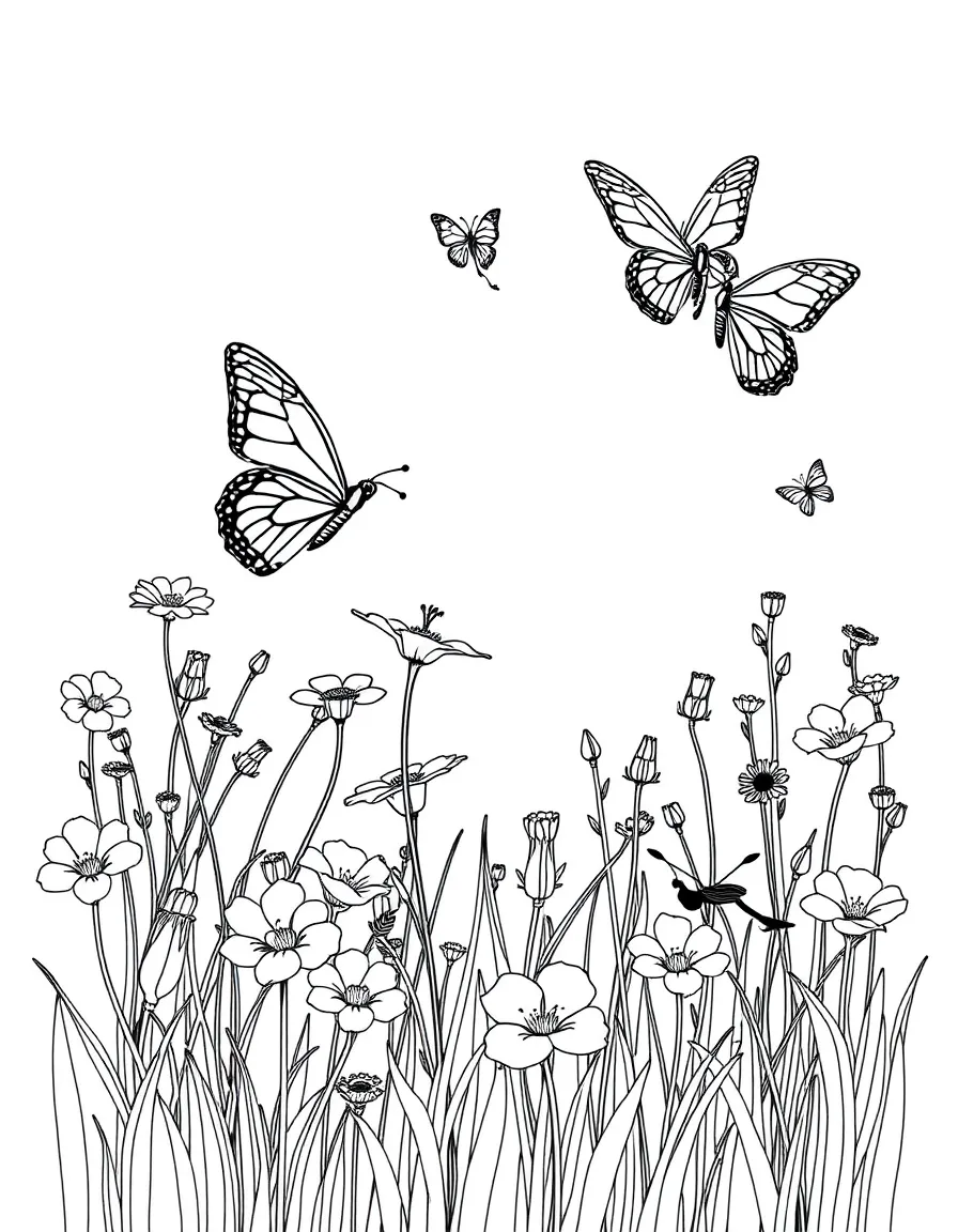 A meadow scene with butterflies flying over blossoms