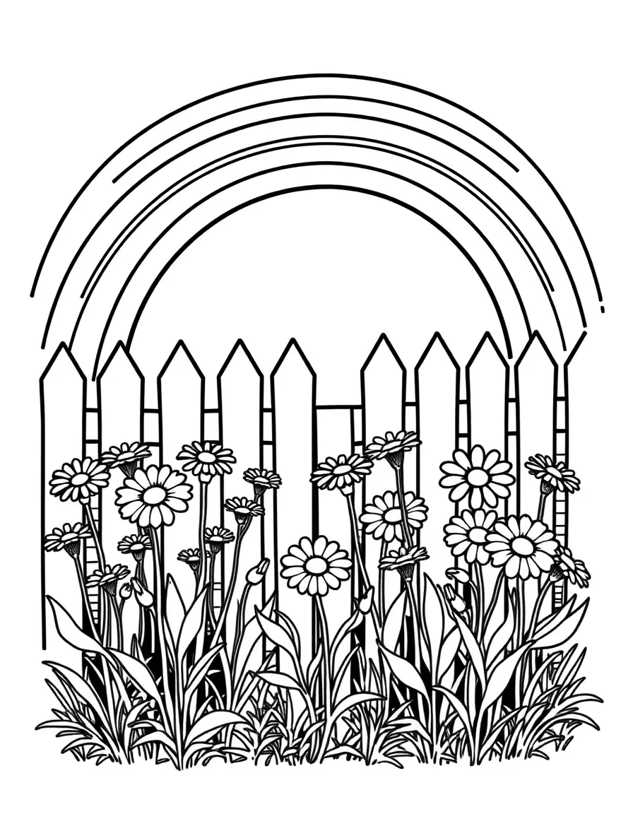 A row of daisies growing along a white picket fence under a rainbow