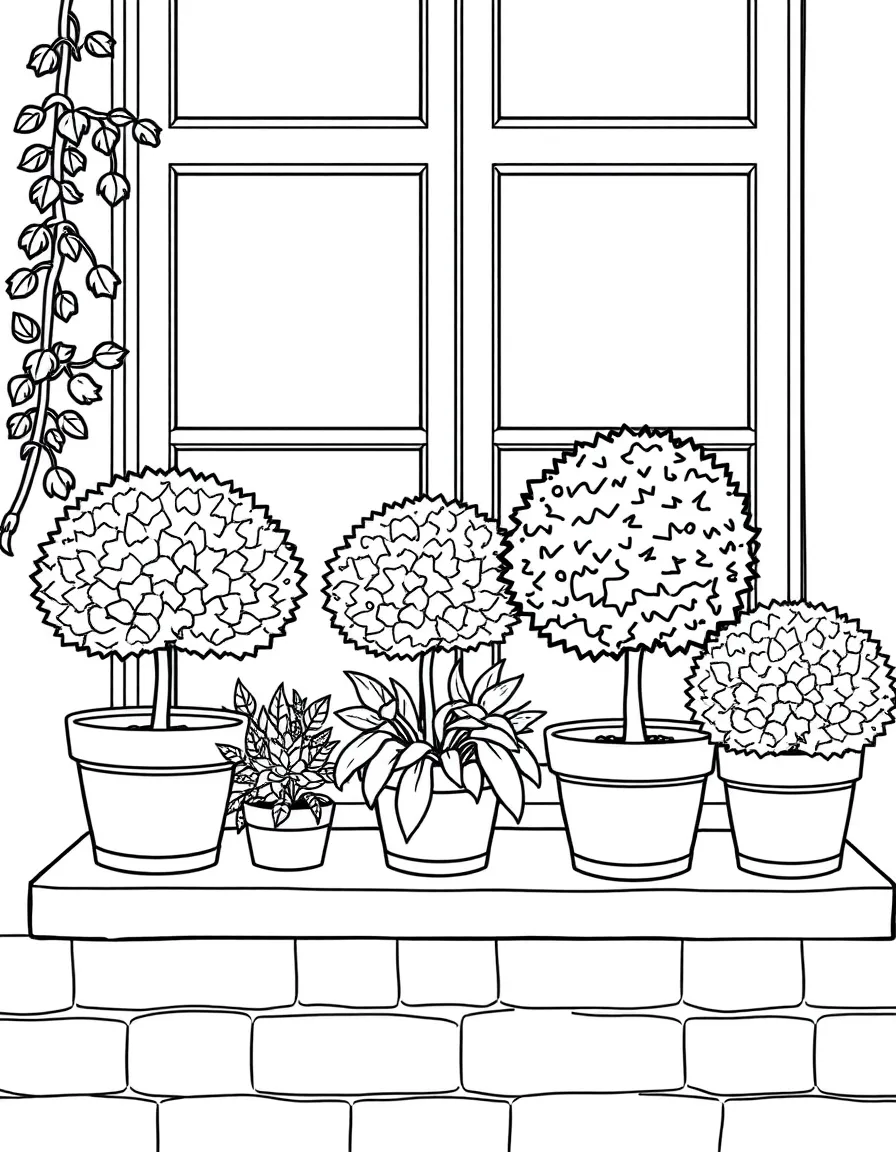 A row of potted houseshrubs on a windowsill
